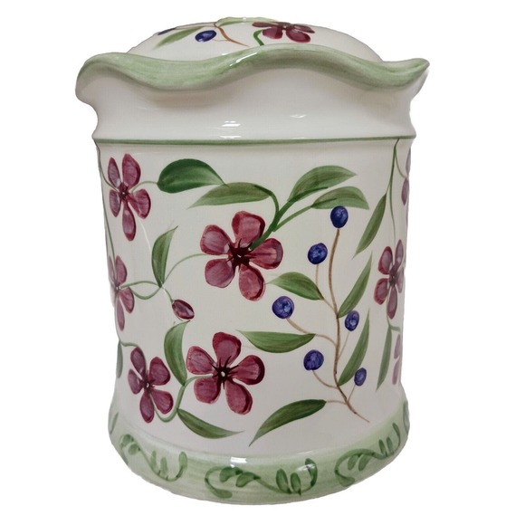 Vntg Hand Painted Ceramic Canister w Lid Butterfly Berries Flowers WHITE GREEN - Picture 6 of 16